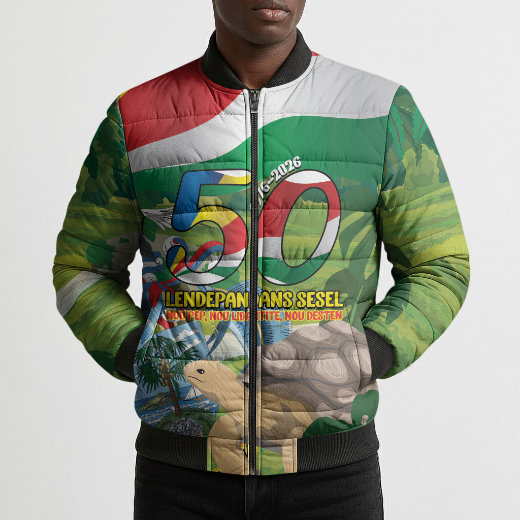 Seychelles National Day Personalized Bomber Puffer Jacket 50 Years Anniversary Lendepandans Sesel