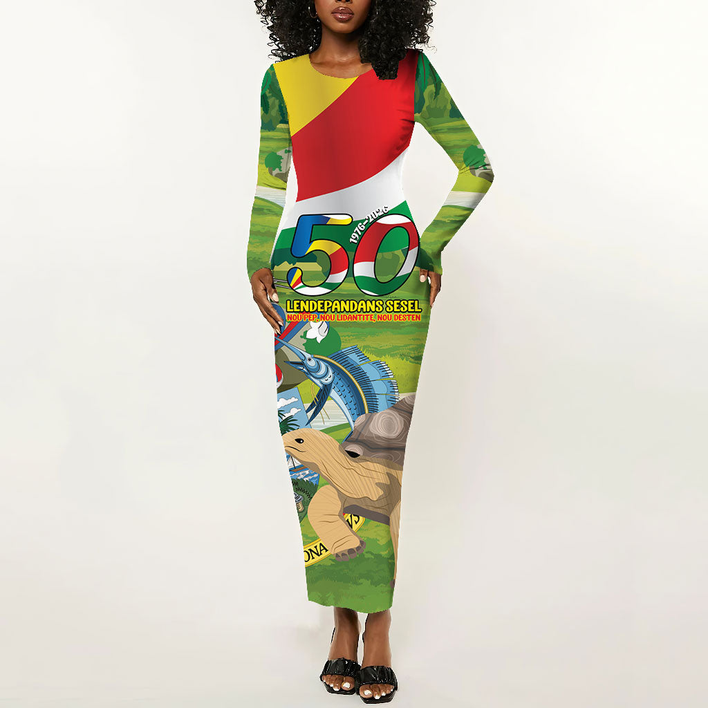 Seychelles National Day Personalized Long Sleeve Bodycon Dress 50 Years Anniversary Lendepandans Sesel