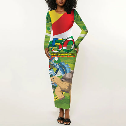 Seychelles National Day Personalized Long Sleeve Bodycon Dress 50 Years Anniversary Lendepandans Sesel