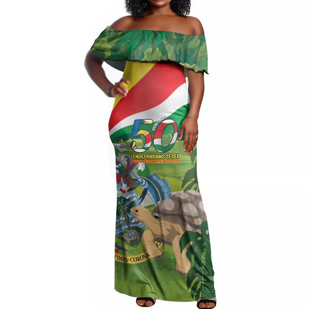 Seychelles National Day Personalized Off Shoulder Maxi Dress 50 Years Anniversary Lendepandans Sesel