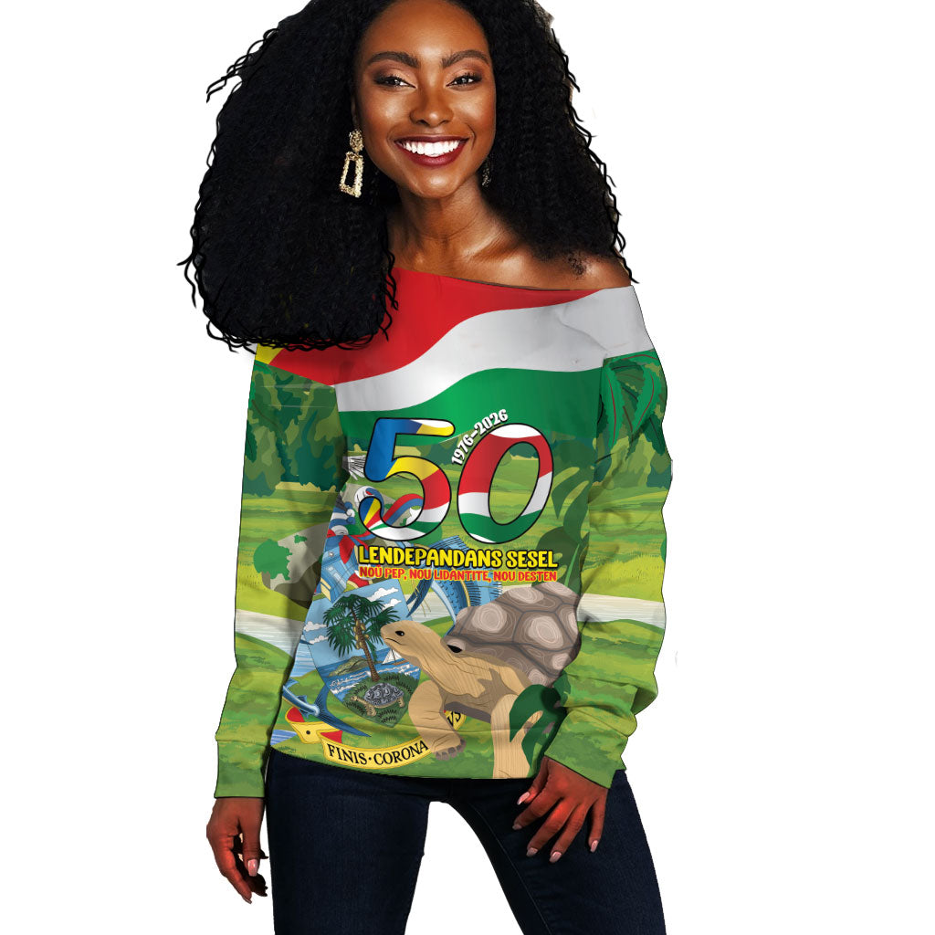 Seychelles National Day Personalized Off Shoulder Sweater 50 Years Anniversary Lendepandans Sesel