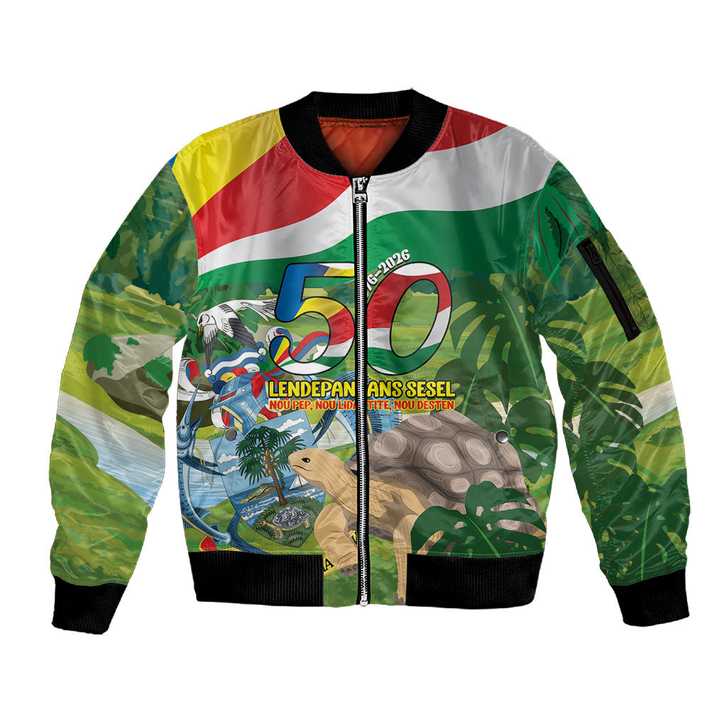 Seychelles National Day Personalized Sleeve Zip Bomber Jacket 50 Years Anniversary Lendepandans Sesel