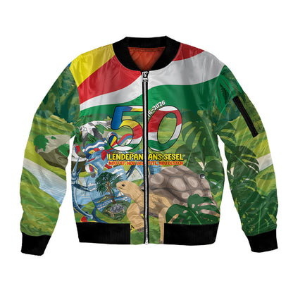 Seychelles National Day Personalized Sleeve Zip Bomber Jacket 50 Years Anniversary Lendepandans Sesel