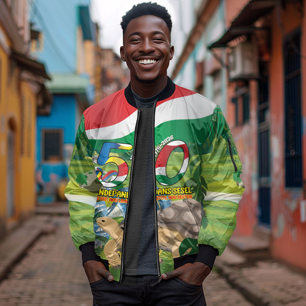 Seychelles National Day Personalized Sleeve Zip Bomber Jacket 50 Years Anniversary Lendepandans Sesel