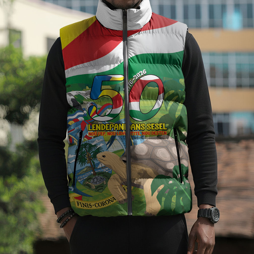 Seychelles National Day Personalized Sleeveless Puffer Jacket 50 Years Anniversary Lendepandans Sesel