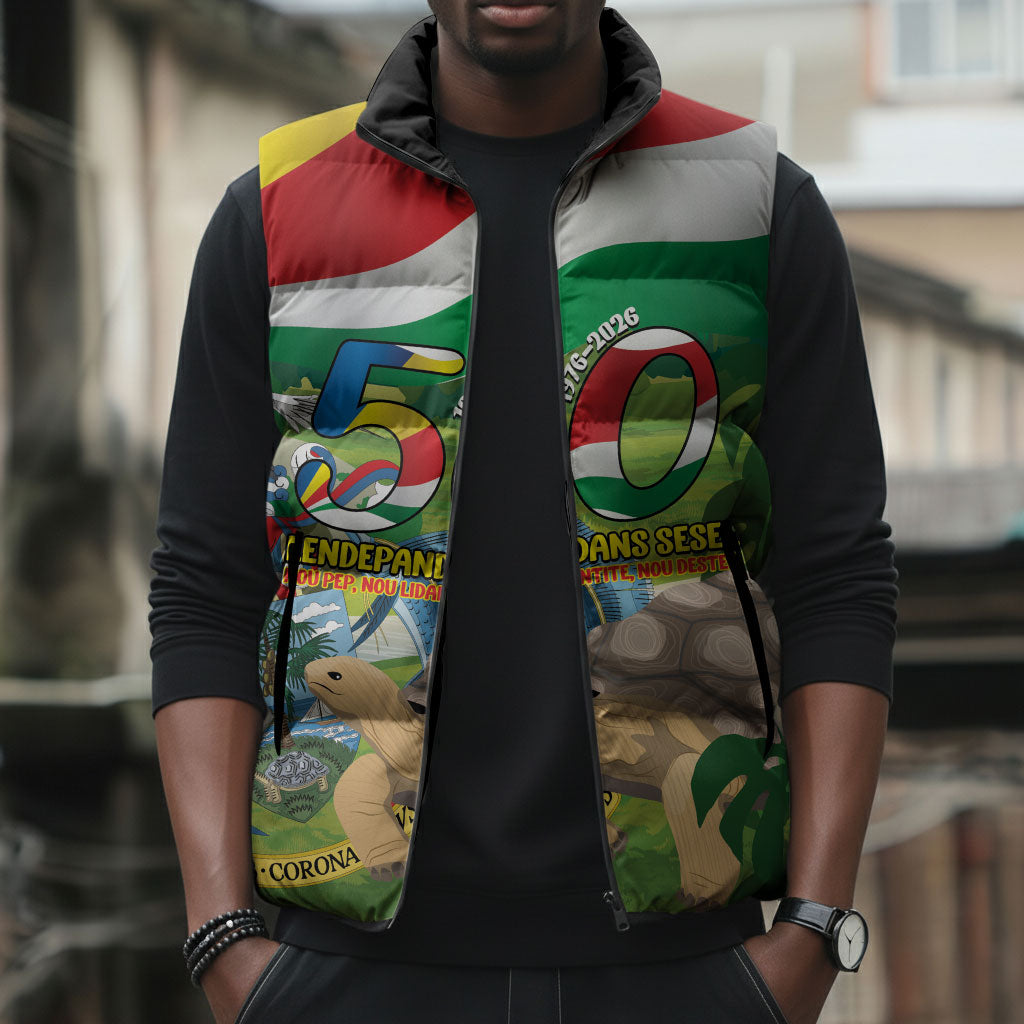 Seychelles National Day Personalized Sleeveless Puffer Jacket 50 Years Anniversary Lendepandans Sesel