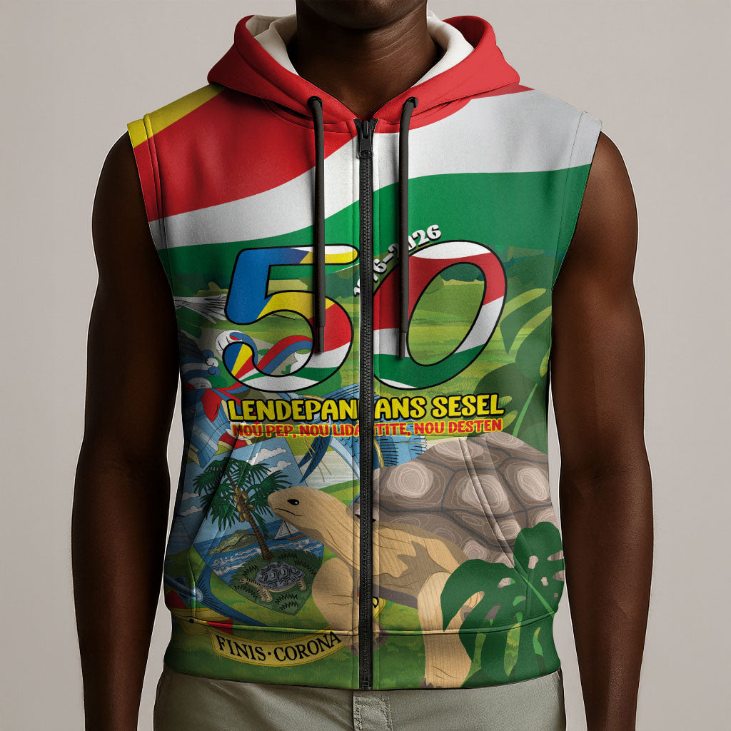 Seychelles National Day Personalized Sleeveless Zip Hoodie 50 Years Anniversary Lendepandans Sesel
