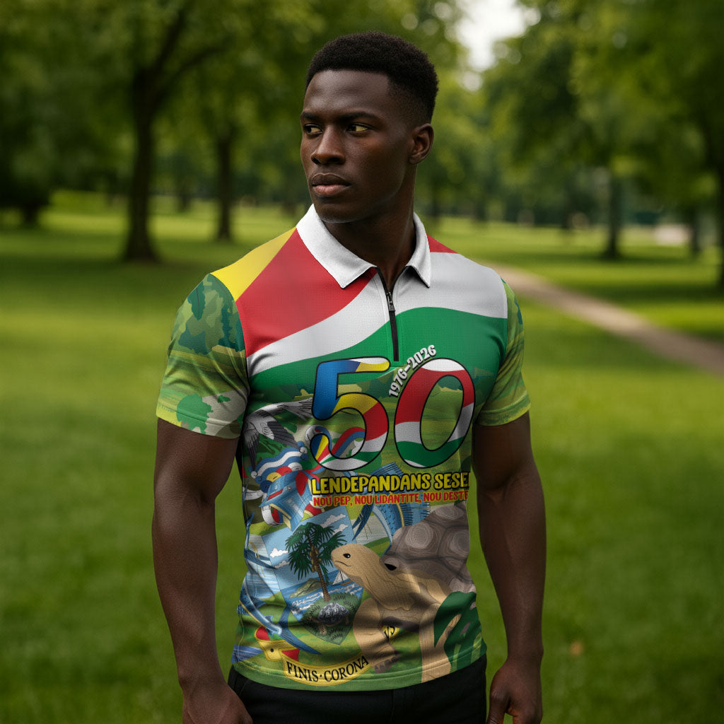 Seychelles National Day Personalized Zipper Polo Shirt 50 Years Anniversary Lendepandans Sesel