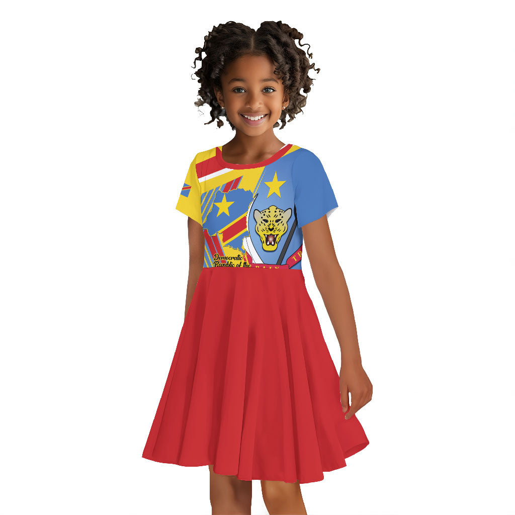 DR Congo Independence Day Personalized Kid Short Sleeve Dress Congo-Kinshasa Coat Of Arms Style