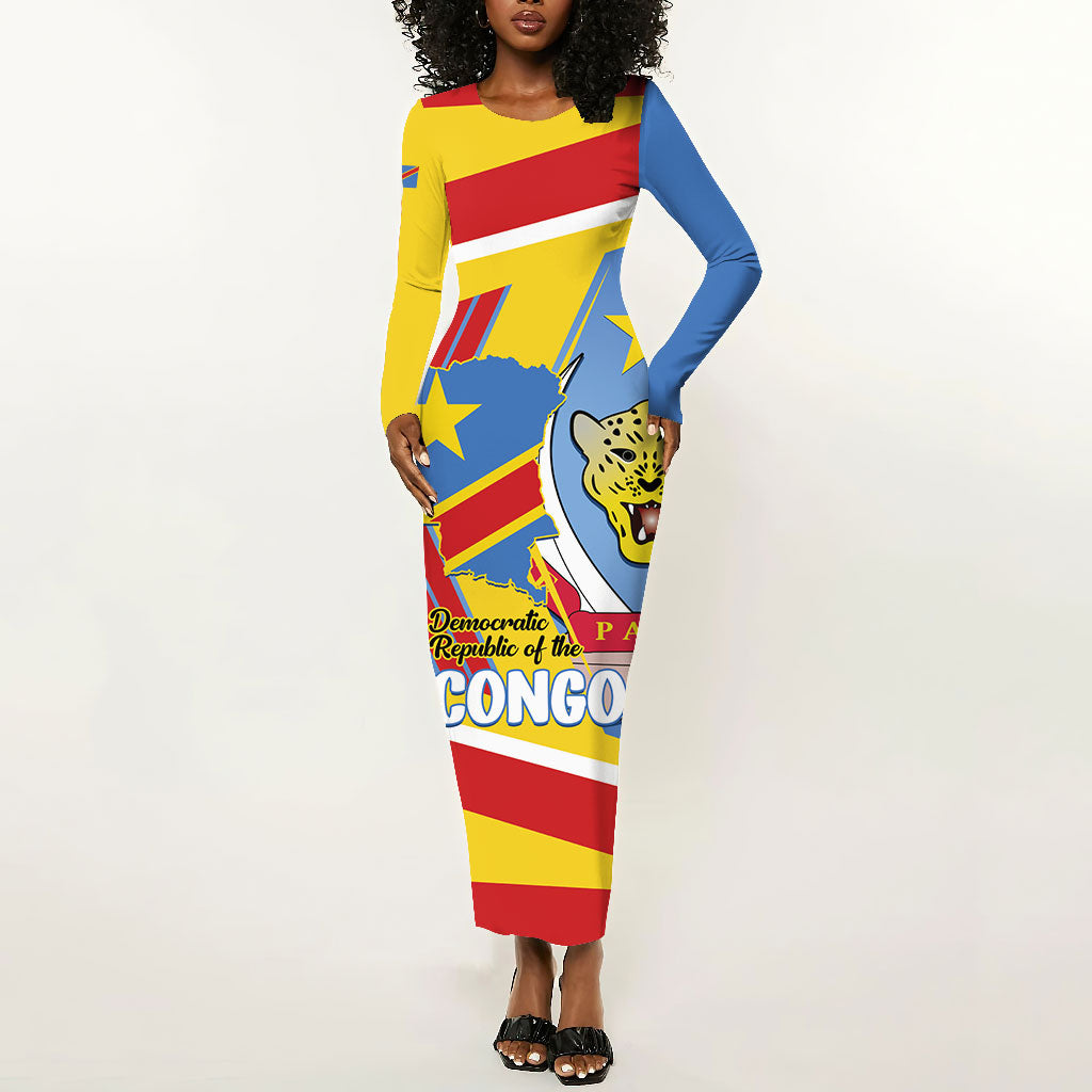 DR Congo Independence Day Personalized Long Sleeve Bodycon Dress Congo-Kinshasa Coat Of Arms Style