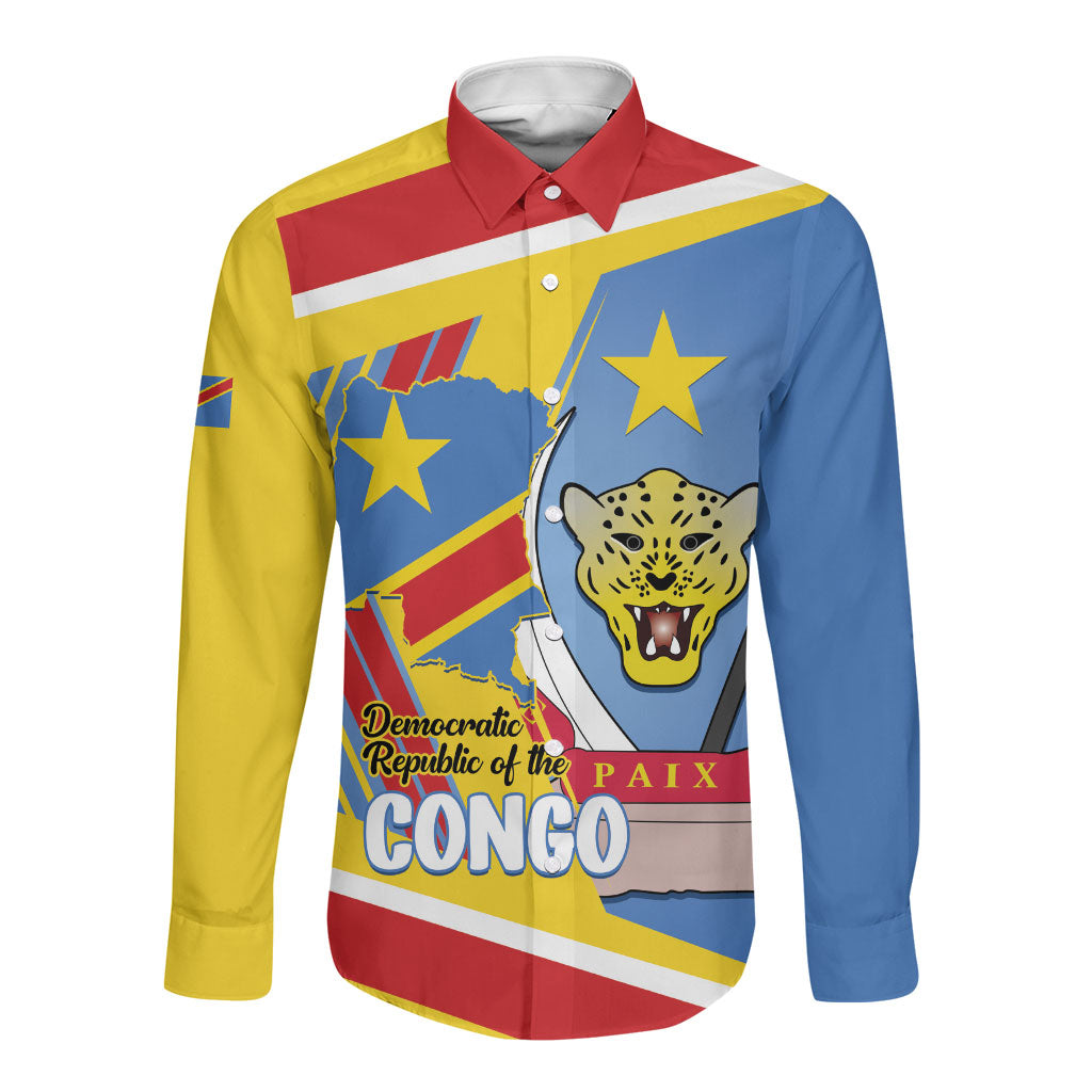 DR Congo Independence Day Personalized Long Sleeve Button Shirt Congo-Kinshasa Coat Of Arms Style