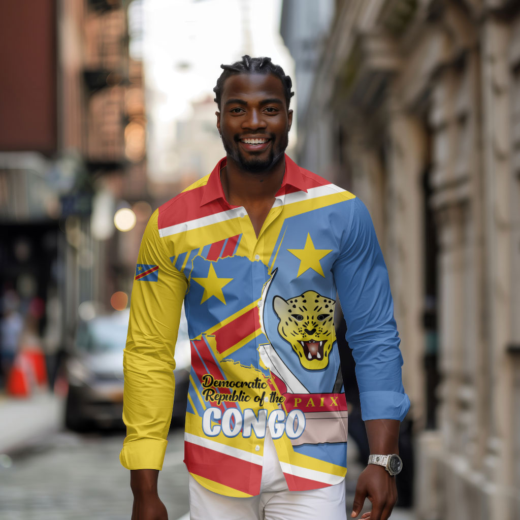 DR Congo Independence Day Personalized Long Sleeve Button Shirt Congo-Kinshasa Coat Of Arms Style
