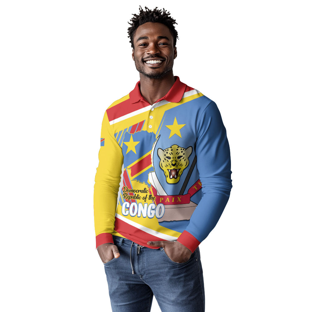 DR Congo Independence Day Personalized Long Sleeve Polo Shirt Congo-Kinshasa Coat Of Arms Style