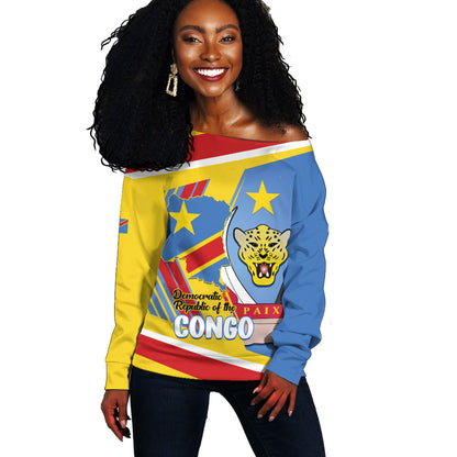 DR Congo Independence Day Personalized Off Shoulder Sweater Congo-Kinshasa Coat Of Arms Style