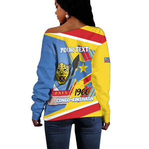 DR Congo Independence Day Personalized Off Shoulder Sweater Congo-Kinshasa Coat Of Arms Style