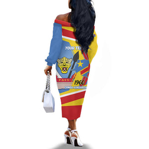 DR Congo Independence Day Personalized Off The Shoulder Long Sleeve Dress Congo-Kinshasa Coat Of Arms Style