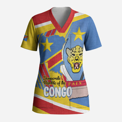 DR Congo Independence Day Personalized Scrub Top Congo-Kinshasa Coat Of Arms Style