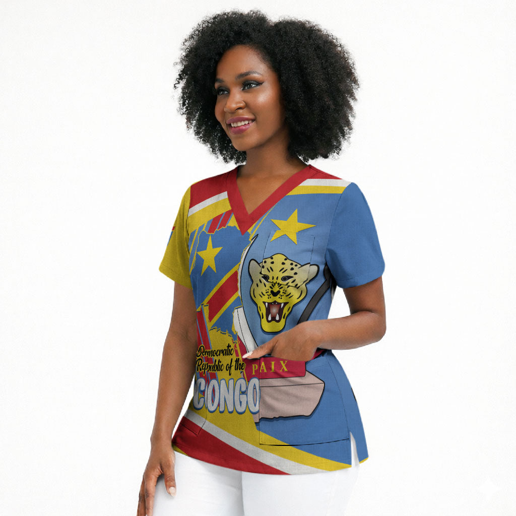 DR Congo Independence Day Personalized Scrub Top Congo-Kinshasa Coat Of Arms Style