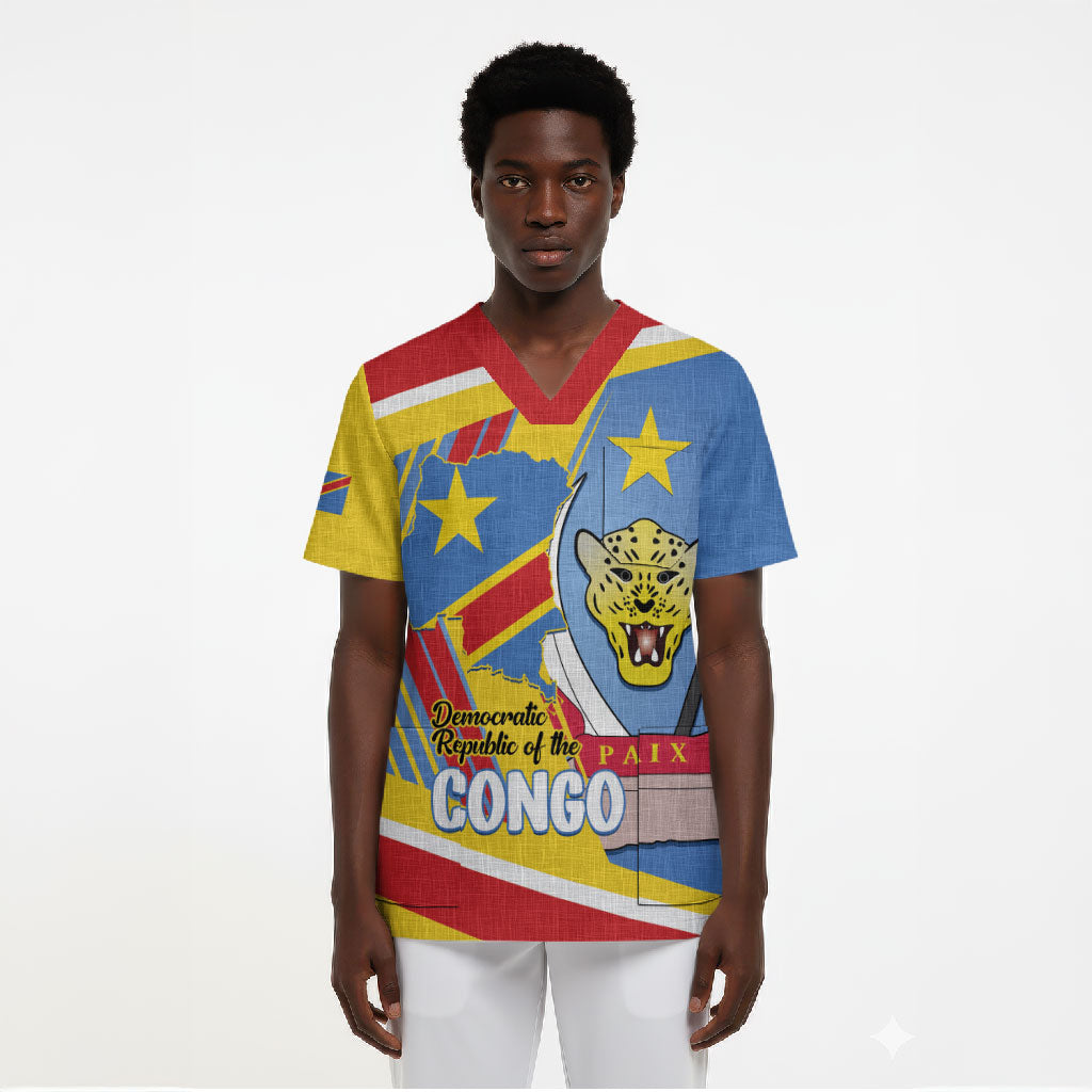 DR Congo Independence Day Personalized Scrub Top Congo-Kinshasa Coat Of Arms Style