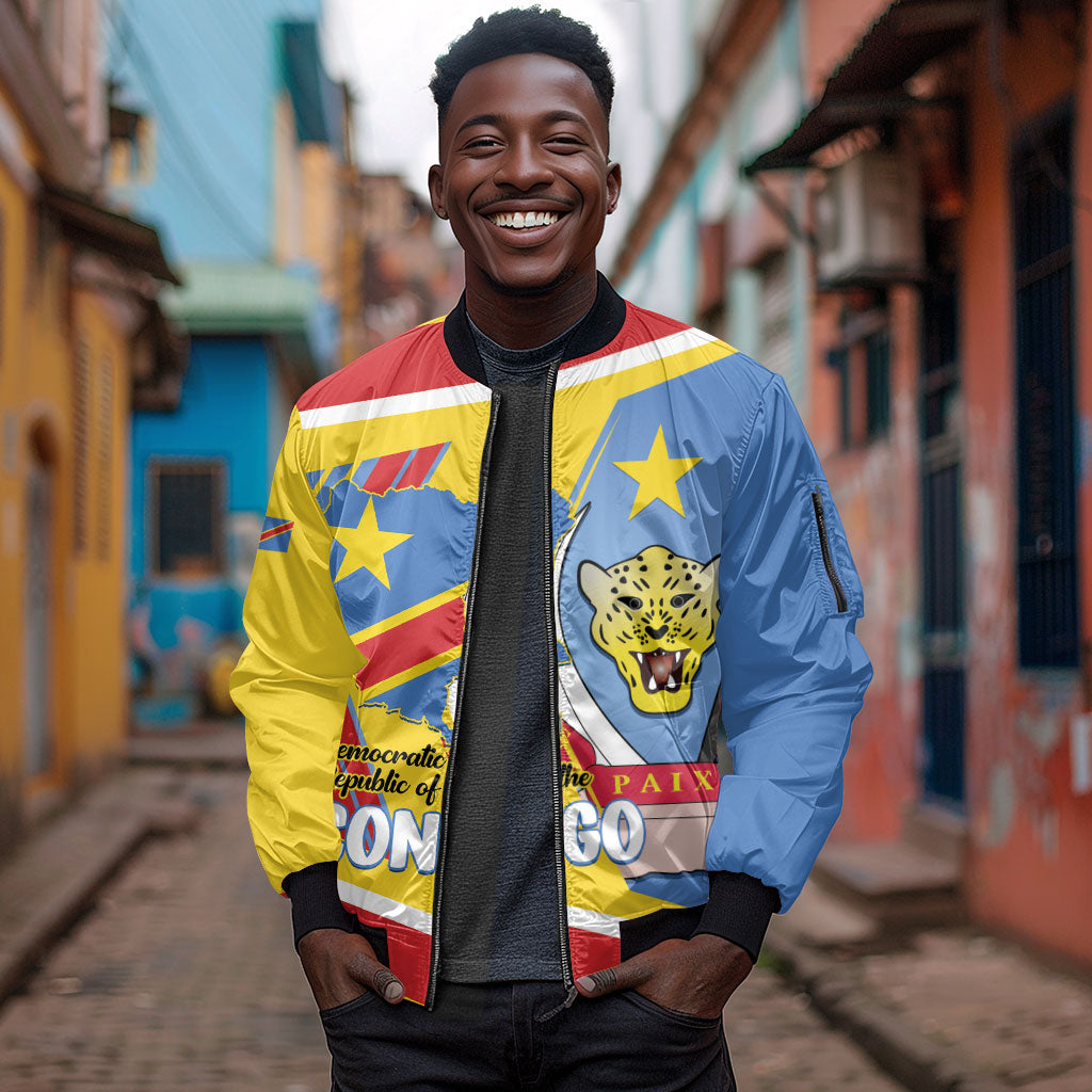 DR Congo Independence Day Personalized Sleeve Zip Bomber Jacket Congo-Kinshasa Coat Of Arms Style