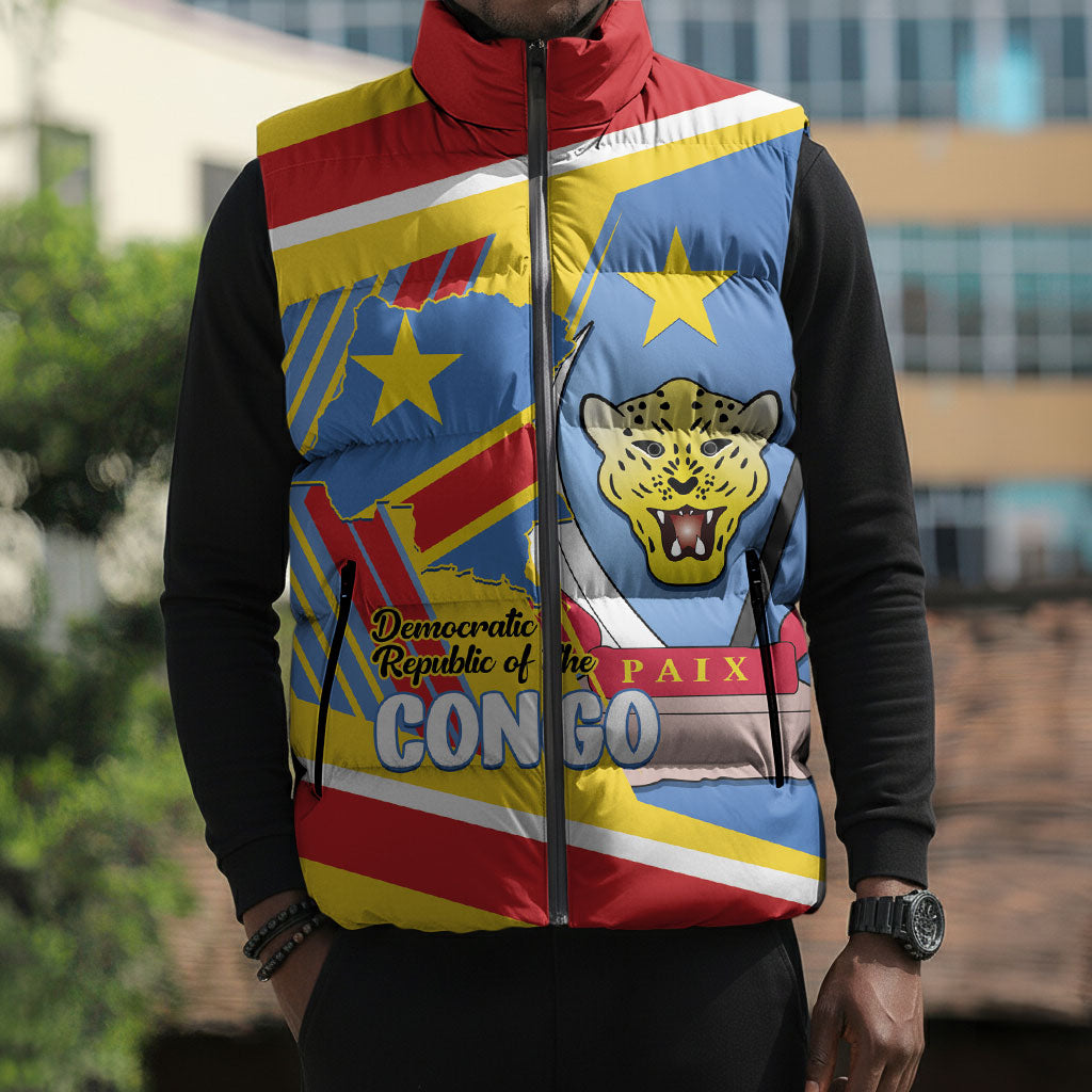 DR Congo Independence Day Personalized Sleeveless Puffer Jacket Congo-Kinshasa Coat Of Arms Style