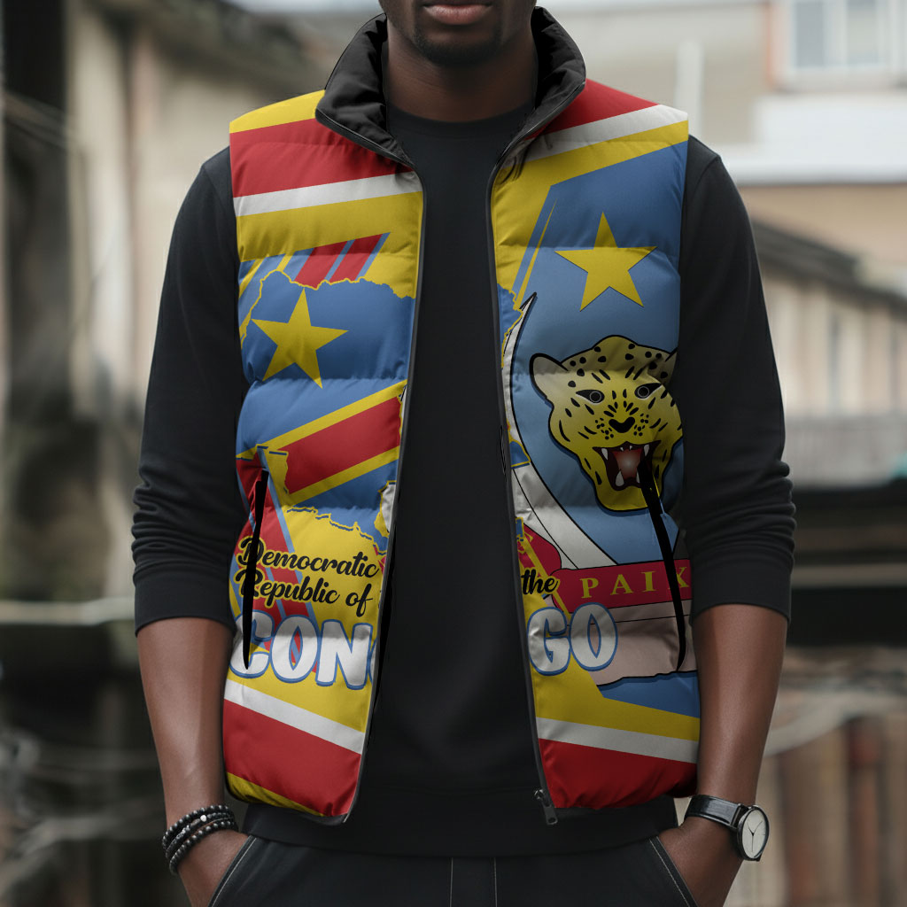 DR Congo Independence Day Personalized Sleeveless Puffer Jacket Congo-Kinshasa Coat Of Arms Style