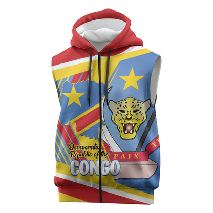 DR Congo Independence Day Personalized Sleeveless Zip Hoodie Congo-Kinshasa Coat Of Arms Style