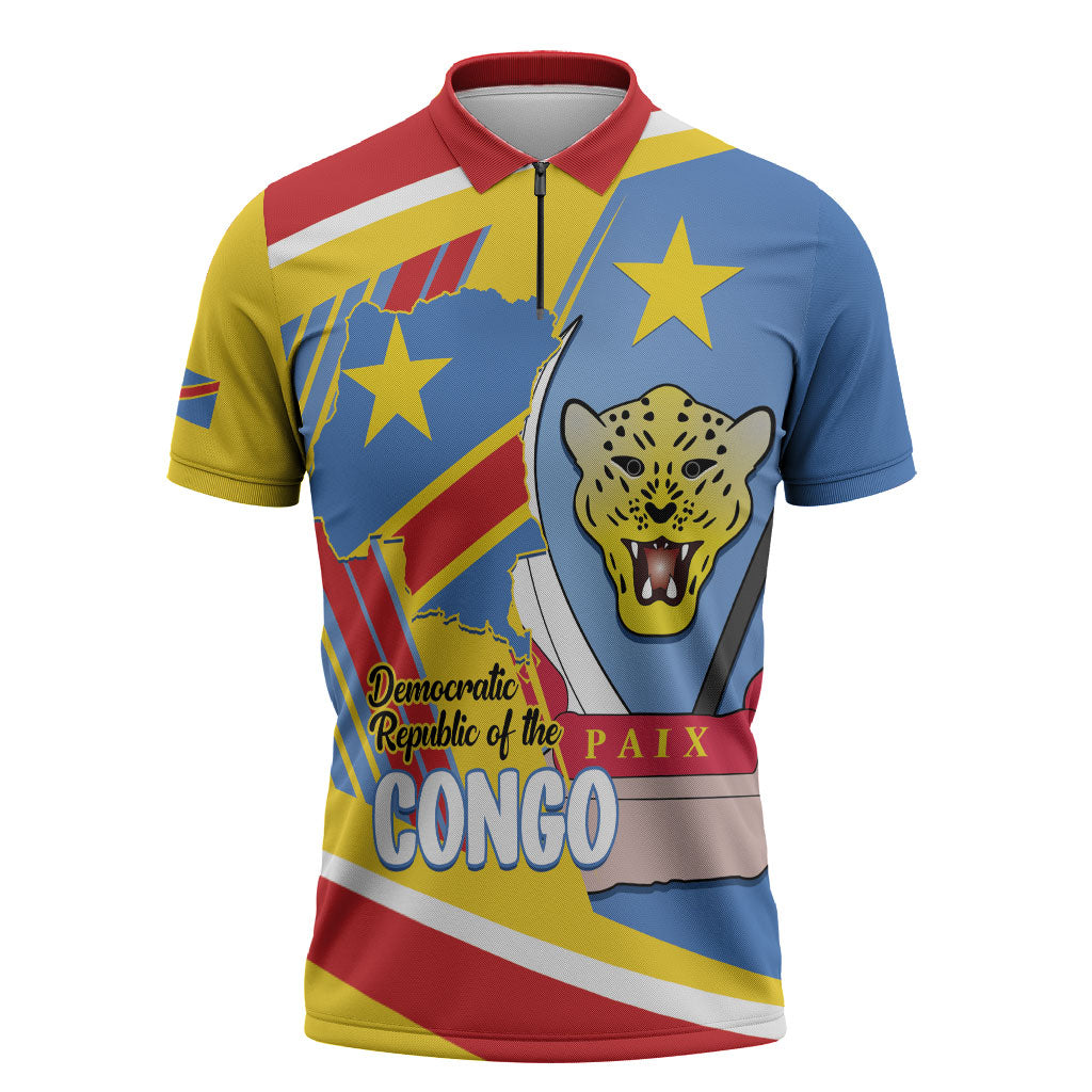 DR Congo Independence Day Personalized Zipper Polo Shirt Congo-Kinshasa Coat Of Arms Style