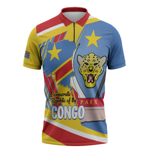 DR Congo Independence Day Personalized Zipper Polo Shirt Congo-Kinshasa Coat Of Arms Style