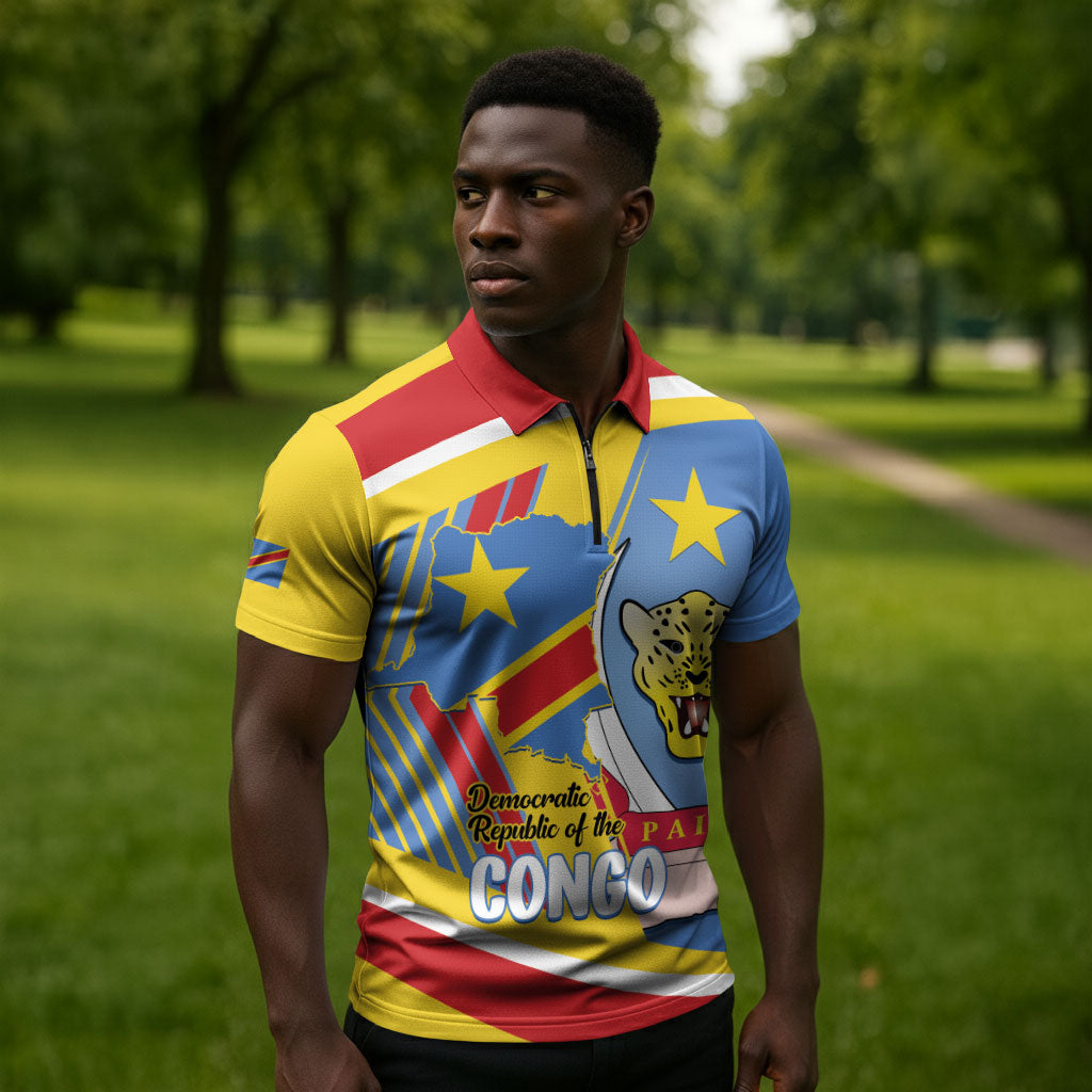 DR Congo Independence Day Personalized Zipper Polo Shirt Congo-Kinshasa Coat Of Arms Style