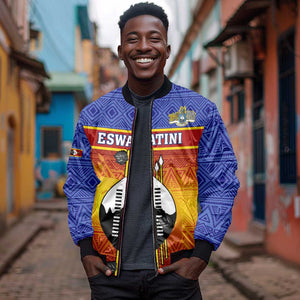 Personalised Eswatini Independence Day Bomber Jacket Swaziland Nguni Shield Gradient African Pattern