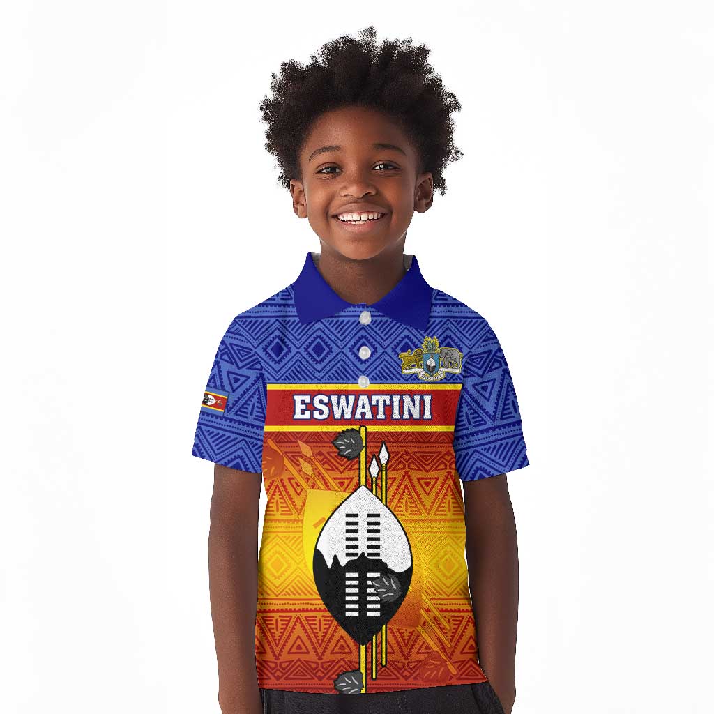 Personalised Eswatini Independence Day Kid Polo Shirt Swaziland Nguni Shield Gradient African Pattern