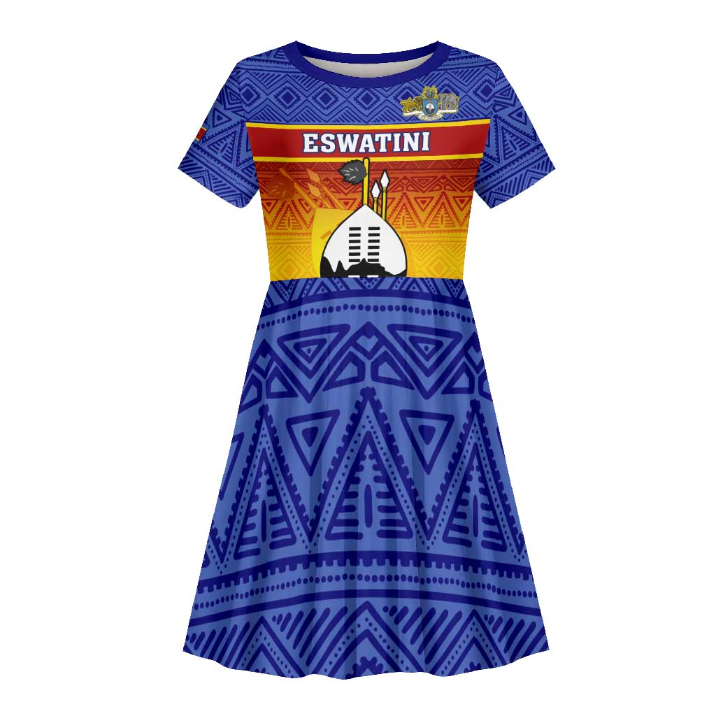 Personalised Eswatini Independence Day Kid Short Sleeve Dress Swaziland Nguni Shield Gradient African Pattern