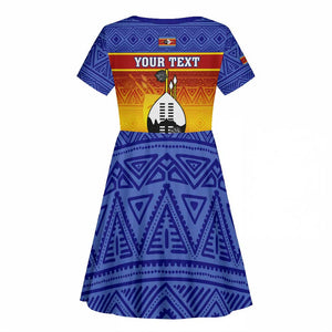 Personalised Eswatini Independence Day Kid Short Sleeve Dress Swaziland Nguni Shield Gradient African Pattern