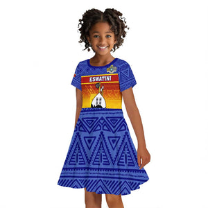 Personalised Eswatini Independence Day Kid Short Sleeve Dress Swaziland Nguni Shield Gradient African Pattern