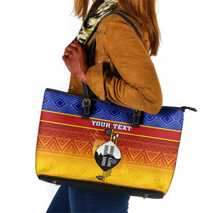 Personalised Eswatini Independence Day Leather Tote Bag Swaziland Nguni Shield Gradient African Pattern