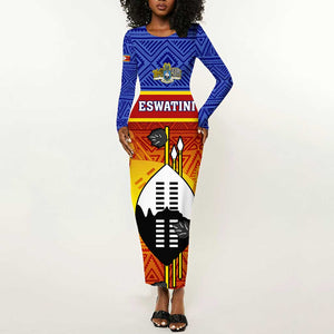 Personalised Eswatini Independence Day Long Sleeve Bodycon Dress Swaziland Nguni Shield Gradient African Pattern