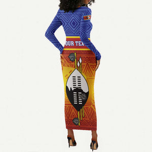 Personalised Eswatini Independence Day Long Sleeve Bodycon Dress Swaziland Nguni Shield Gradient African Pattern