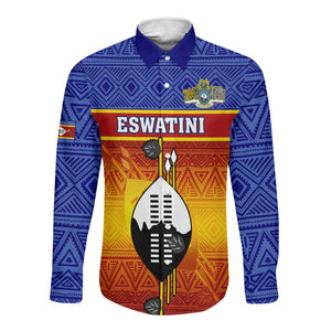 Personalised Eswatini Independence Day Long Sleeve Button Shirt Swaziland Nguni Shield Gradient African Pattern