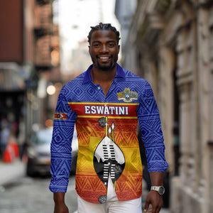 Personalised Eswatini Independence Day Long Sleeve Button Shirt Swaziland Nguni Shield Gradient African Pattern