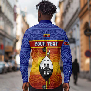 Personalised Eswatini Independence Day Long Sleeve Button Shirt Swaziland Nguni Shield Gradient African Pattern