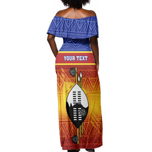 Personalised Eswatini Independence Day Off Shoulder Maxi Dress Swaziland Nguni Shield Gradient African Pattern