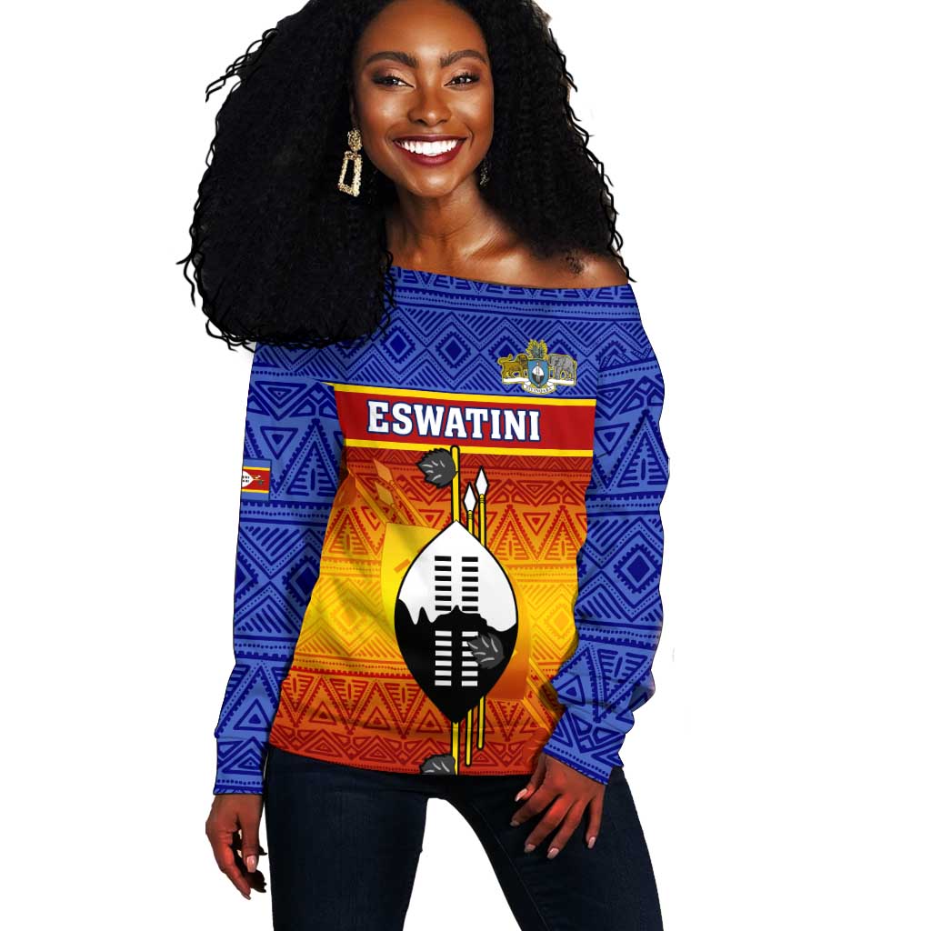 Personalised Eswatini Independence Day Off Shoulder Sweater Swaziland Nguni Shield Gradient African Pattern