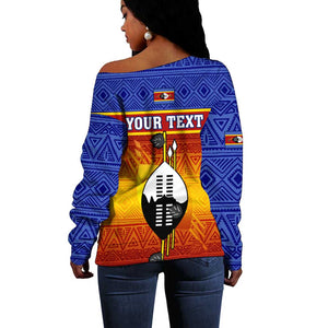 Personalised Eswatini Independence Day Off Shoulder Sweater Swaziland Nguni Shield Gradient African Pattern