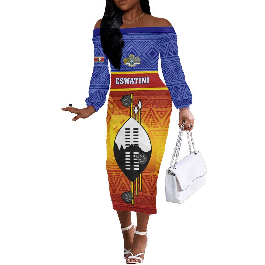 Personalised Eswatini Independence Day Off The Shoulder Long Sleeve Dress Swaziland Nguni Shield Gradient African Pattern