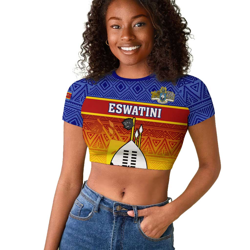 Personalised Eswatini Independence Day Raglan Cropped T shirt Swaziland Nguni Shield Gradient African Pattern