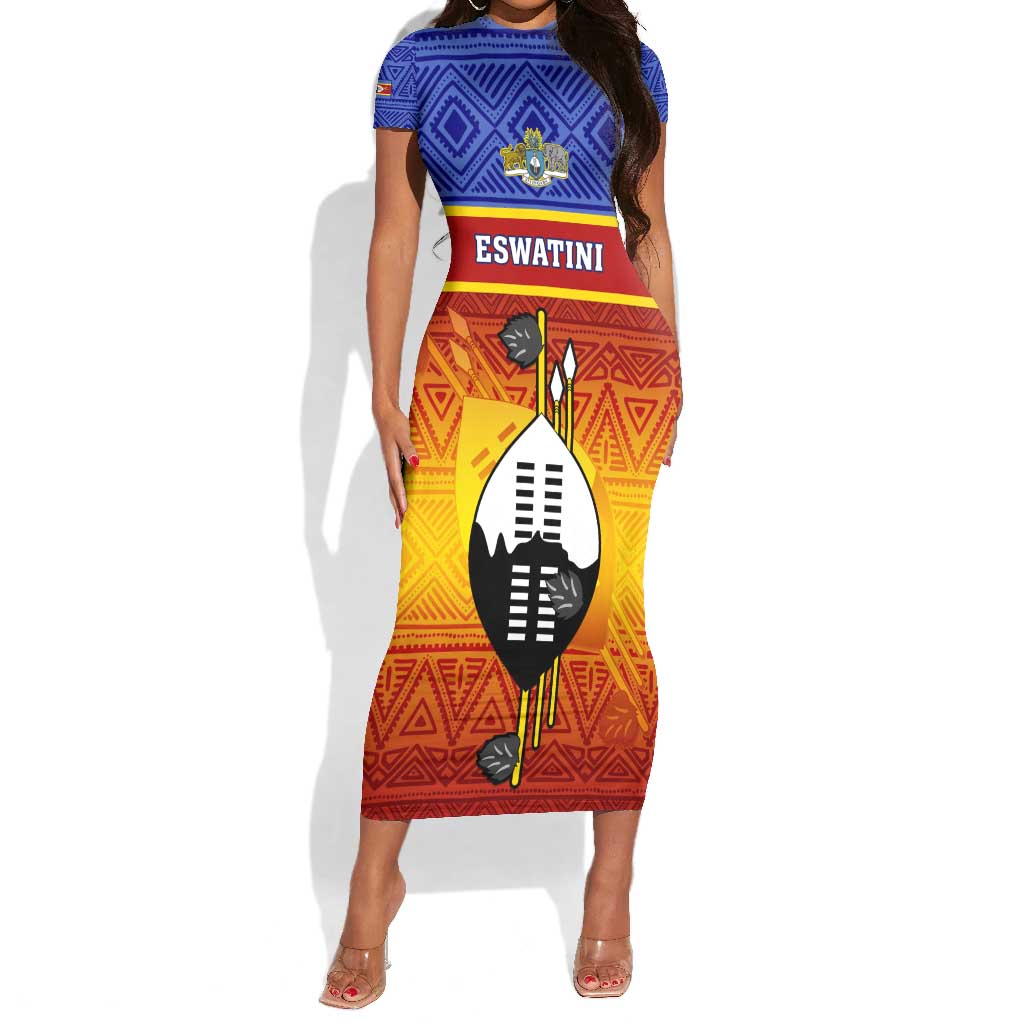 Personalised Eswatini Independence Day Short Sleeve Bodycon Dress Swaziland Nguni Shield Gradient African Pattern