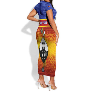 Personalised Eswatini Independence Day Short Sleeve Bodycon Dress Swaziland Nguni Shield Gradient African Pattern