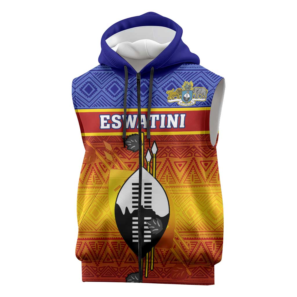 Personalised Eswatini Independence Day Sleeveless Zip Hoodie Swaziland Nguni Shield Gradient African Pattern - African Pride