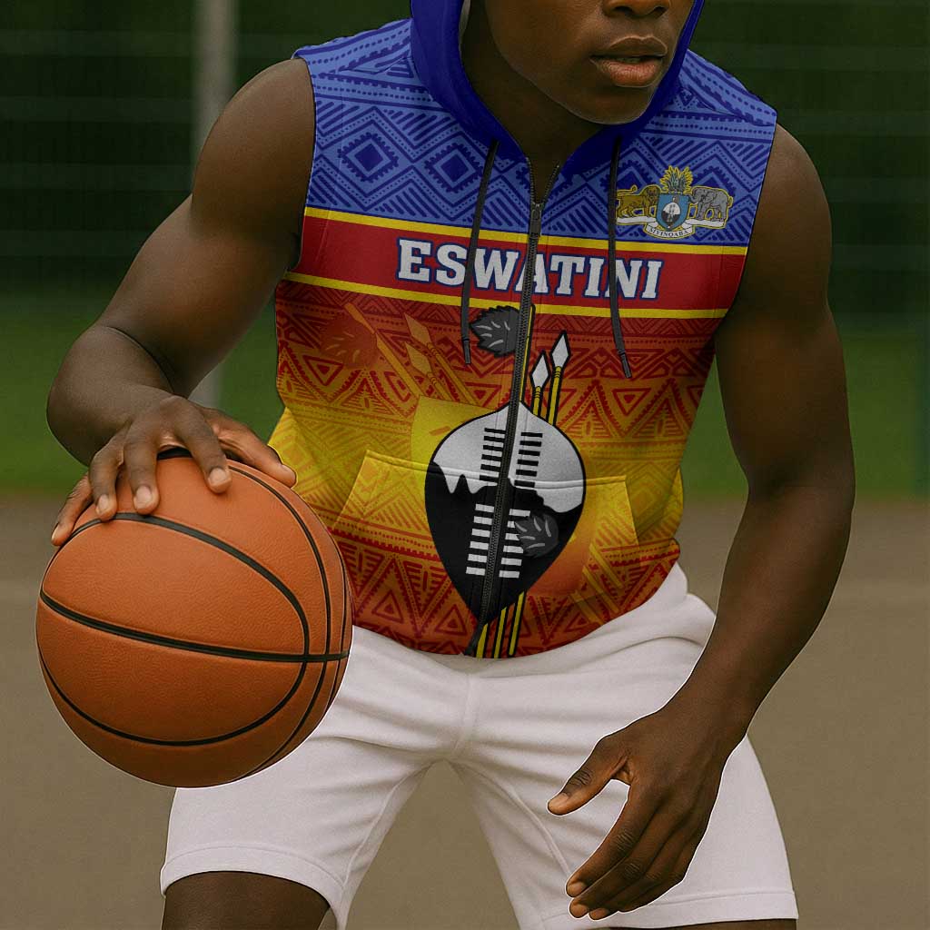 Personalised Eswatini Independence Day Sleeveless Zip Hoodie Swaziland Nguni Shield Gradient African Pattern - African Pride